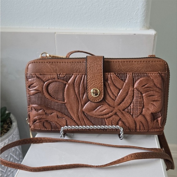 Handbags - Brown Embossed floral crossbody wallet